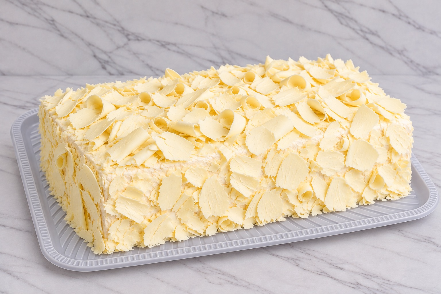 Bolo de copa retangular com raspas de chocolate branco